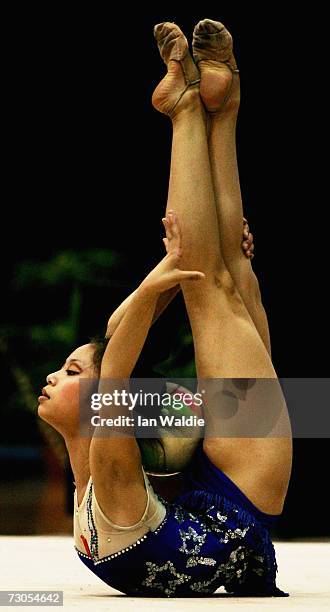 Wu Jiaqi of China performs with the ball during the girls Rhythmic Gymnastics event at the Australian Youth Olympic Festival January 21, 2007 in...