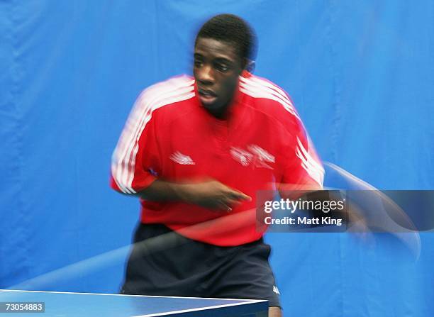 Darius Knight of Great Britain serves in the Men's Singles Table Tennis bronze medal playoff during the Australian Youth Olympic Festival at the...