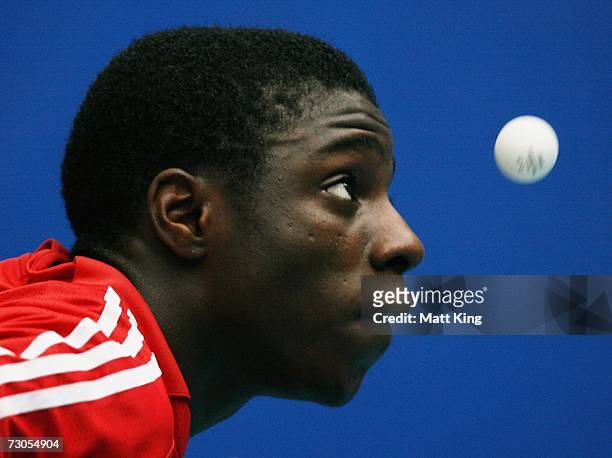 Darius Knight of Great Britain serves in the Men's Singles Table Tennis bronze medal playoff during the Australian Youth Olympic Festival at the...