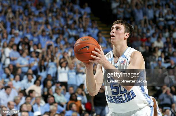 Tyler Hansbrough of the University of North Carolina Tar Heels shoots a foul shot after a flagrant foul on the Georgia Tech Yellow Jackets during...