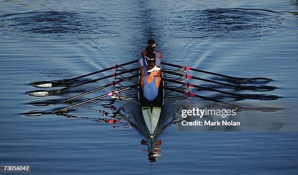 Mens coxless four crew makes its way to the start during the Rowing competition of the 2007 Australian Youth Olympic Festival at the Sydney...