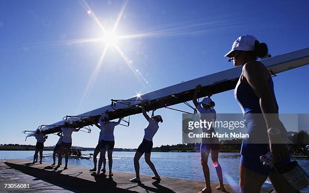 The Great Britain womens eight crew prepare for a race during the Rowing competition of the 2007 Australian Youth Olympic Festival at the Sydney...