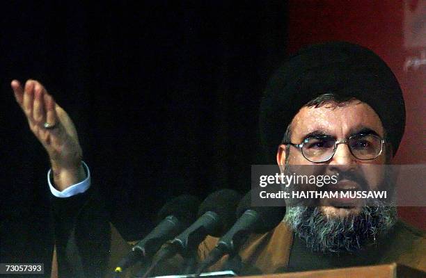 Hassan Nasrallah, Secretary General of Hezbollah, gestures during a speech at the start of the Shiite Ashura ceremonies which mark the death of...