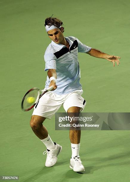 Roger Federer of Switzerland plays a forehand during his fourth round match against Novak Djokovic of Serbia on day seven of the Australian Open 2007...