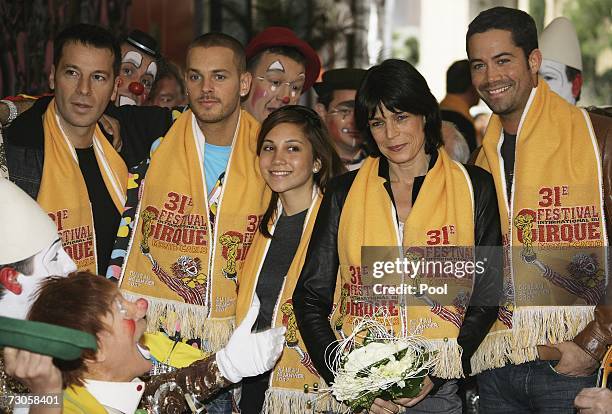 An Unidentified Guest and French Singers M.Pokora , Leslie and Emmanuel Moire pose with Princess Stephanie of Monaco as they arrive to attend the...