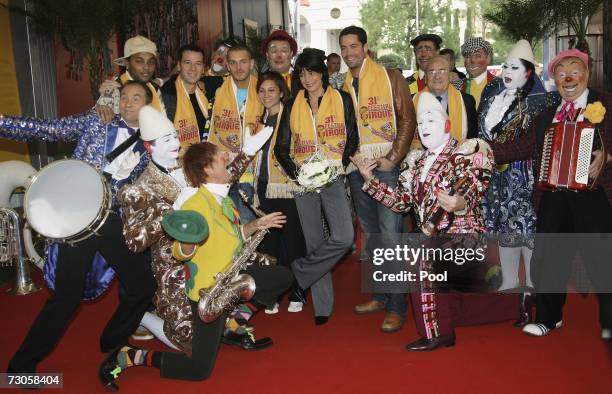 French Singers M.Pokora , Leslie and Emmanuel Moire pose with Princess Stephanie of Monaco as they arrive to attend the 31st International Circus...