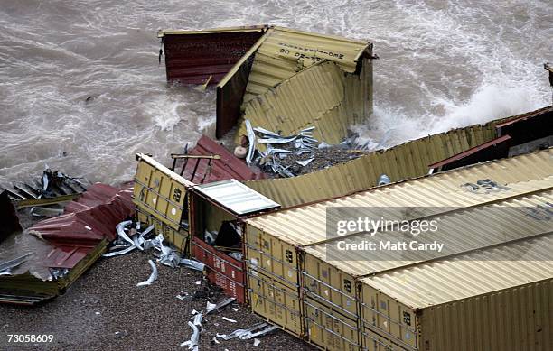 Debris is washed up on the coast from the strickened container ship MSC Napoli, January 21 2007, at Branscombe, England. The container ship was...