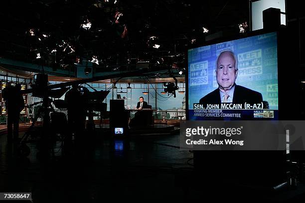 Sen. John McCain speaks during a taping of a remote interview for "Meet the Press" from Coral Gables, Florida, by moderator Tim Russert at the NBC...