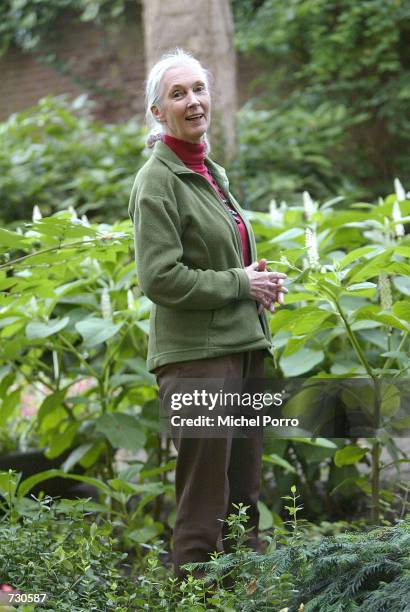 British environmentalist Jane Goodall poses for a portrait at the garden of Groningen University at the Sharing the Planet conference June 14, 2002...