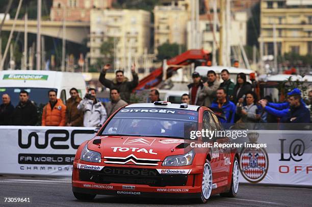 Sebastien Loeb and Daniel Elena of France compete in the Citroen C4 during the WRC Monte-Carlo Rally Super Stage on January 21, 2007 in Monte-Carlo,...