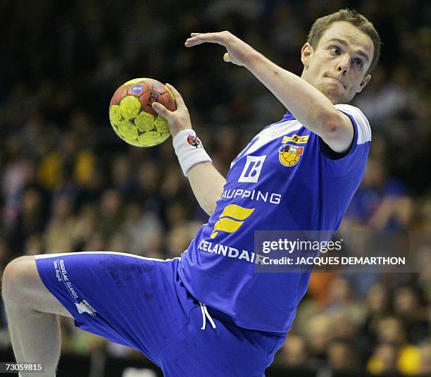 Iceland's Snorri Gudjonsson shoots a penalty during the Ukraine-Iceland Group B match during the Ukraine-Iceland Group B match of the preliminary...