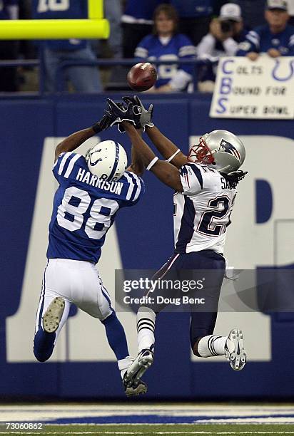 Marvin Harrison of the Indianapolis Colts cannot hang onto this pass as Asante Samuel of the New England Patriots breaks it up during the AFC...