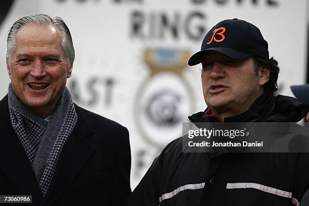 Michael McCaskey and James Belushi looks on before the NFC Championship Game between the Chicago Bears and the New Orleans Saints on January 21, 2007...