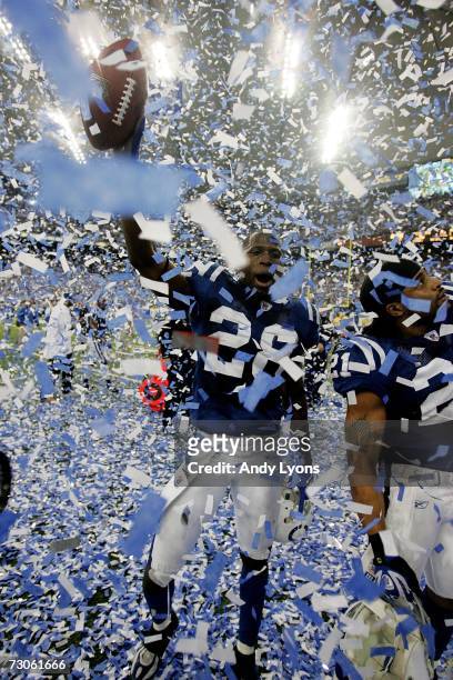 Marlin Jackson of the Indianapolis Colts celebrates amongst confetti after his team defeated the New England Patriots 38-34 in the AFC Championship...