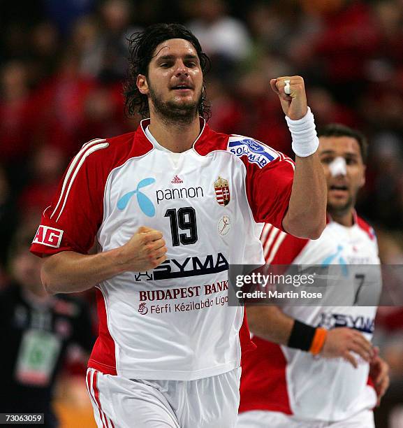 Laszlo Nagy of Hungary celebrates after scoring during the Men's Handball World Championship Group E game between Hungary and Norway at the Ostsee...