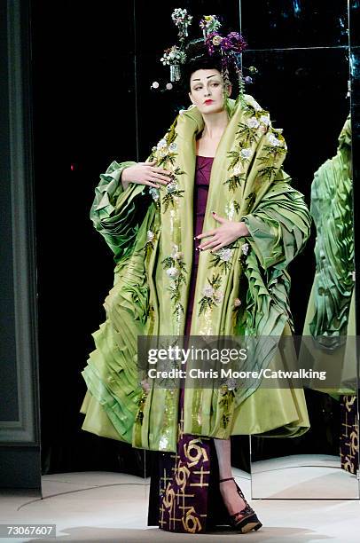 Model Erin O'Connor walks down the catwalk during the Christian Dior fashion show as part of Spring / Summer 2007 Haute Couture on January 22, 2007...