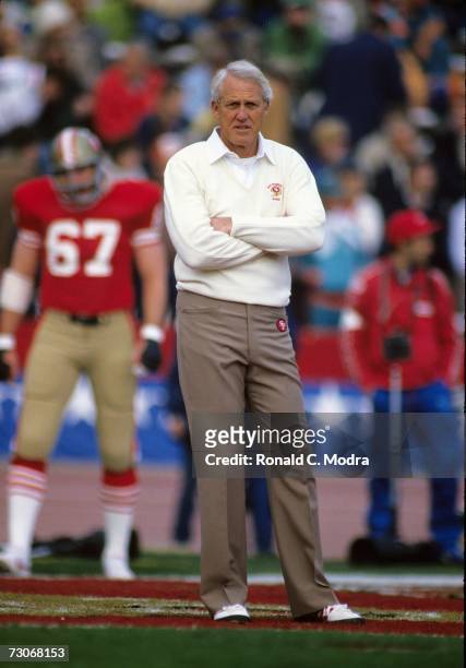Head Coach Bill Walsh of the San Francisco 49ers during Super Bowl XIX against the Miami Dolphins on January 20, 1985 in Stanford, California. The...