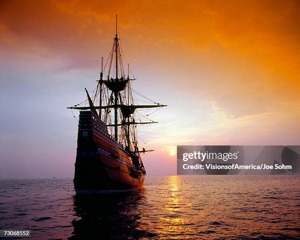 "mayflower ii replica at sunset, massachusetts" - sailing ship night stock pictures, royalty-free photos & images