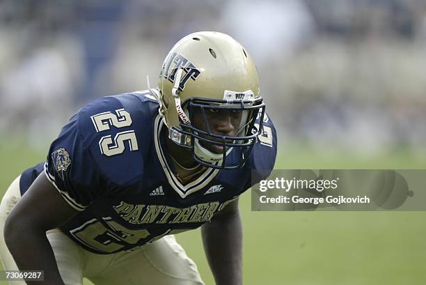 Defensive back Darrelle Revis of the University of Pittsburgh Panthers in action during a game against the Michigan State Spartans at Heinz Field on...