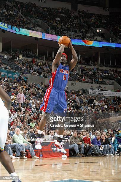 Ronald Murray of the Detroit Pistons makes a jump shot against the New Orleans/Oklahoma City Hornets on January 4, 2007 at the Ford Center in...