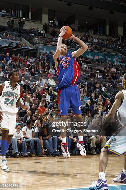 Tayshaun Prince of the Detroit Pistons makes a jump shot against Desmond Mason of the New Orleans/Oklahoma City Hornets on January 4, 2007 at the...