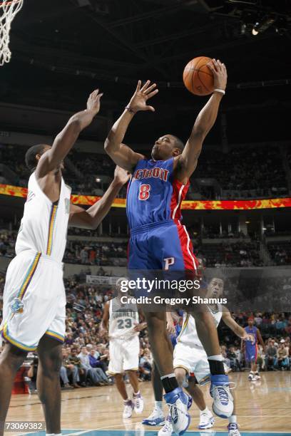 Will Blalock of the Detroit Pistons puts a shot up against the New Orleans/Oklahoma City Hornets on January 4, 2007 at the Ford Center in Oklahoma...