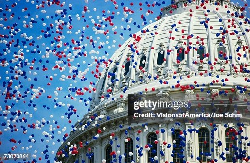 "This is the U.S. Capitol during the Bicentennial of the Constitution Celebration. There are red, white and blue balloons falling around the Capitol Dome. It marks the dates that commemorate the Centennial 1787-1987." "This is the U.S. Capitol during the Bicentennial of the Constitution Celebration. There are red, white and blue balloons falling around the Capitol Dome. It marks the dates that commemorate the Centennial 1787-1987."
