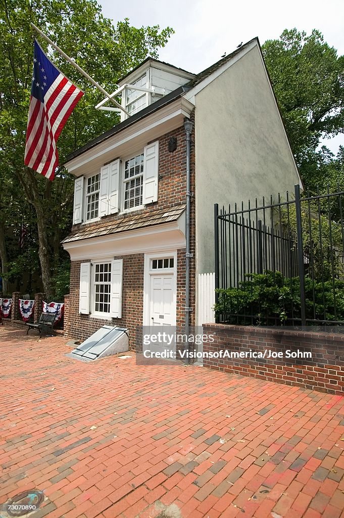 "The Betsy Ross House on East Third Street, Philadelphia, Pennsylvania, where Betsy Ross created first American flag in 1778"