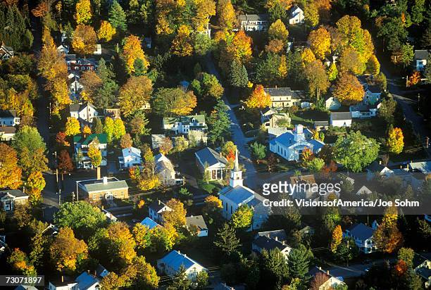 "aerial view of morrisville, vt in autumn on scenic route 100 at sunset" - morrisville vt stock pictures, royalty-free photos & images