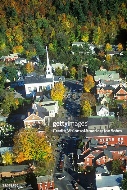 "aerial view of stowe, vt in autumn on scenic route 100" - stowe vermont stock pictures, royalty-free photos & images