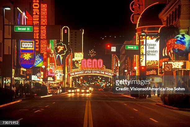 "neon lights at night in reno, nv" - nevada stock pictures, royalty-free photos & images