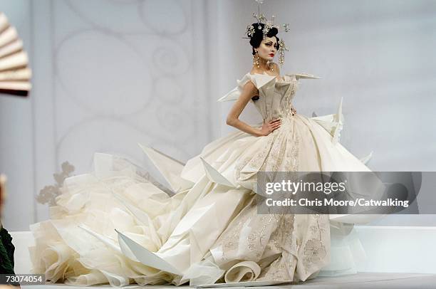 Model walks down the catwalk during the Christian Dior fashion show as part of Spring / Summer 2007 Haute Couture on January 22, 2007 in Paris,...