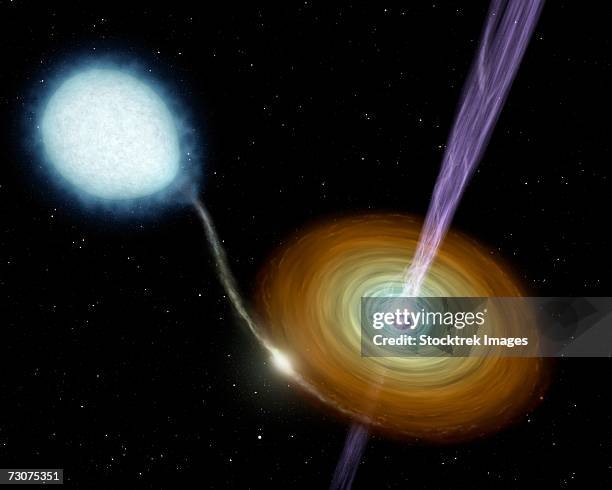 this artist concept illustrates jets of material shooting out from the neutron star in the binary system 4u 0614+091. - neutron star stock pictures, royalty-free photos & images