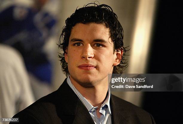 Sidney Crosby of the Pittsburgh Penguins poses at NHL/Reebok launch the new advanced Rbk Edge uniform during a NHL All-Star press conference at the W...