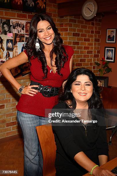 Sofia Vergara and Victoria Ruffo appear on the new set of Escandalo TV for their 5th Anniversay episode on January 22, 2007 in Miami, Florida.