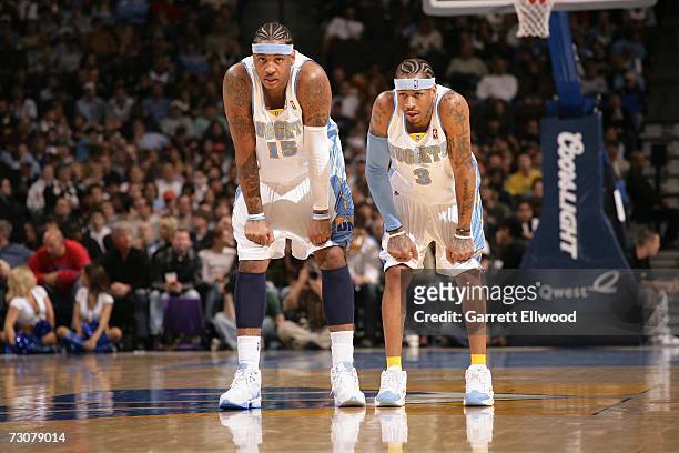 Carmelo Anthony and Allen Iverson of the Denver Nuggets during the game against the Memphis Grizzlies on January 22, 2007 at the Pepsi Center in...