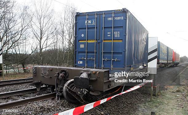 Derailed wagons lie across the scene of a freight train accident on January 23, 2007 near Tornesch, Germany. According to police, three of the 19...