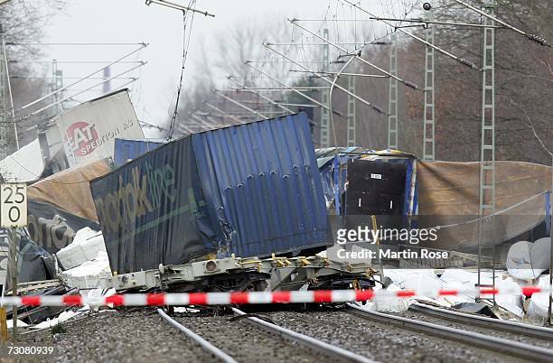Destroyed wagons lie across the scene of a freight train accident on January 23, 2007 near Tornesch, Germany. According to police, three of the 19...