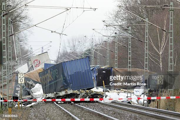 Destroyed wagons lie across the scene of a freight train accident on January 23, 2007 near Elmshorn, Germany. According to police, three of the 19...