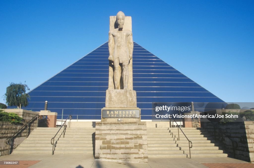 The Pyramid Sports Arena in Memphis, TN with statue of Ramses at entrance