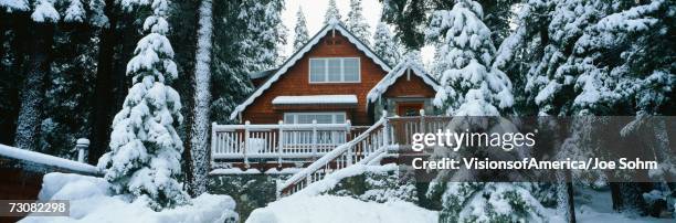 this is a chalet style wooden home covered in freshly fallen snow. the trees in front are also covered in snow. - lake tahoe stock pictures, royalty-free photos & images