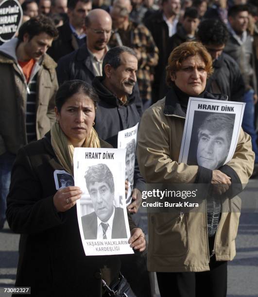 Tens of thousands of mourners attend the funeral ceremony for murdered Turkish-Armenian journalist Hrant Dink, on January 23, 2007 in Istanbul,...