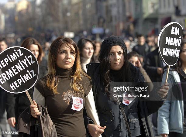 Tens of thousands of mourners attend the funeral ceremony for murdered Turkish-Armenian journalist Hrant Dink, on January 23, 2007 in Istanbul,...