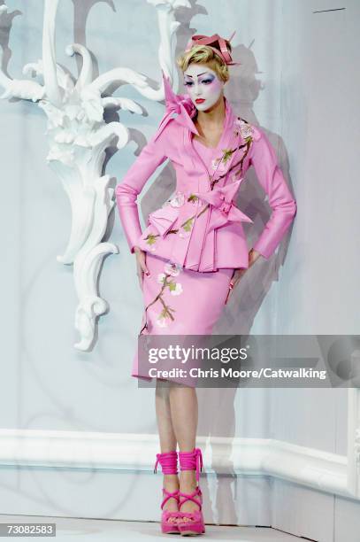 Model walks down the catwalk during the Christian Dior fashion show as part of Spring / Summer 2007 Haute Couture on January 22, 2007 in Paris,...