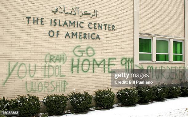 Anti-Muslim graffiti defaces a shi'ite mosque at the Islamic Center of America January 23, 2007 in Dearborn, Michigan. Vandals defaced the mosque on...