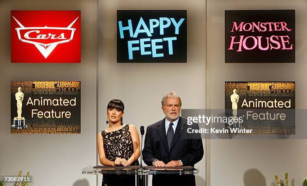 Actress Salma Hayek and Academy of Motion Picture Arts and Sciences President Sid Ganis announce the Best Animated Feature Film of the Year at the...