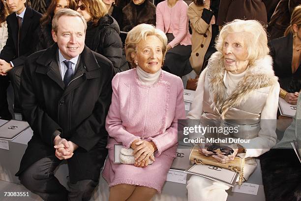 Renaud Donnedieu de Vabres, Bernadette Chirac and Claude Pompidou attends the Chanel Fashion show, during Paris Fashion Week Spring-Summer 2007 at...