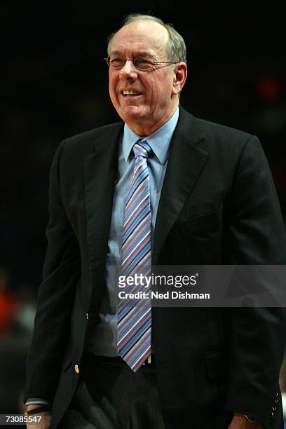 Head coach Jim Boeheim of the Syracuse University Orange reacts to a call by the bench against the St. John's University Red Storm at Madison Square...