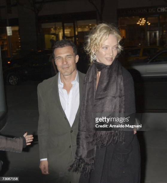 Actress Uma Thurman and Andre Balazs arrive for an event benefitting Room to Grow at Christie's auction house January 23, 2007 in New York City.