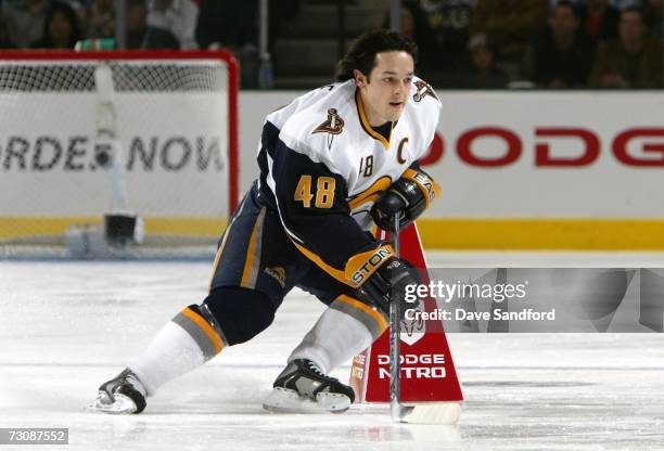 Eastern Conference All-Star Daniel Briere of the Buffalo Sabres competes in the "Puck Control Relay" during the 2007 NHL Skills Game on January 23,...